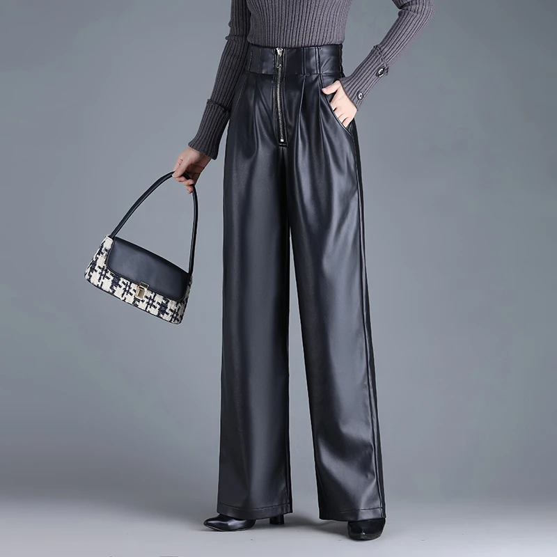 秋冬新款宽松阔腿皮裤女高腰收腹显瘦直筒拖地休闲裤垂感裤子