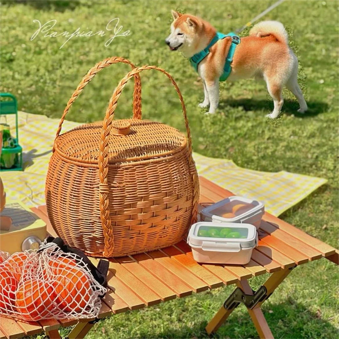 M4仿藤编织棕色旦形双提手带盖野餐手提篮户外客厅家用35*25*25