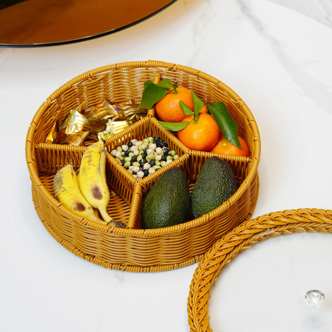 W2棕色圆形加固分格收纳带盖点心盘纯手工编织 30*8