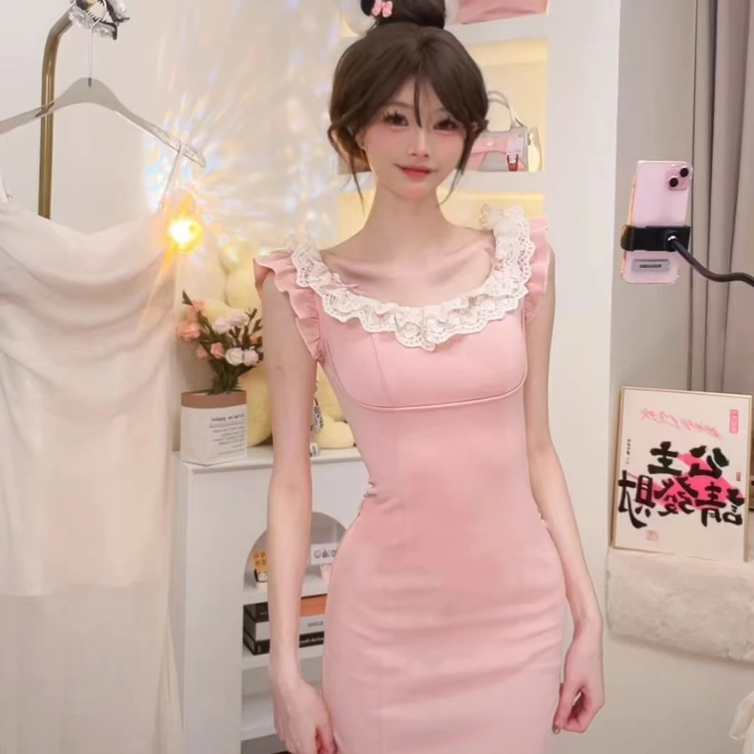 白白【白桃气泡】粉色荷叶边方领小飞袖茶歇法式连衣裙SBBYN402291