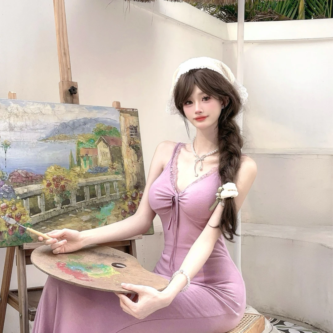 白白【雾芙】纯欲温柔性感低胸高级感蕾丝吊连衣裙SBBYN402896