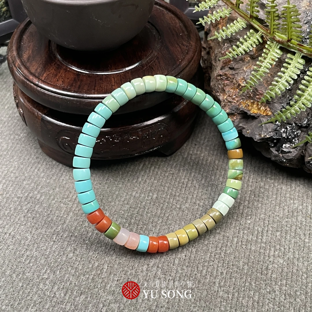 孤品【LX025-10】原矿绿松石彩虹圈手串 长度16cm 珠子5.4mm左右