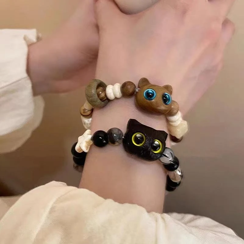 喵星人~小猫串珠手链女生小众情侣手串闺蜜手饰品原木雕刻国潮