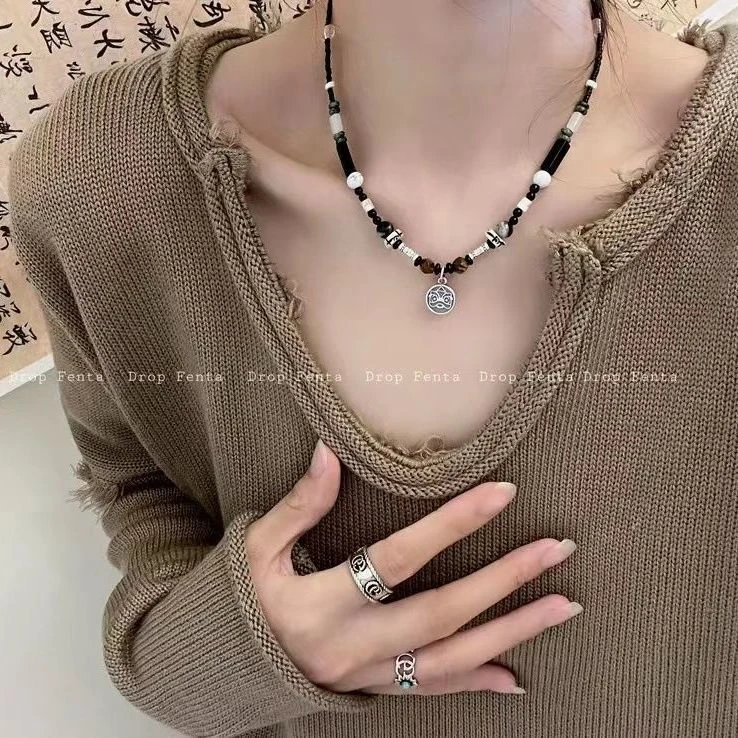 新中式复古醒狮吊坠情侣项链小众天然石串珠锁骨颈链女好寓意平安