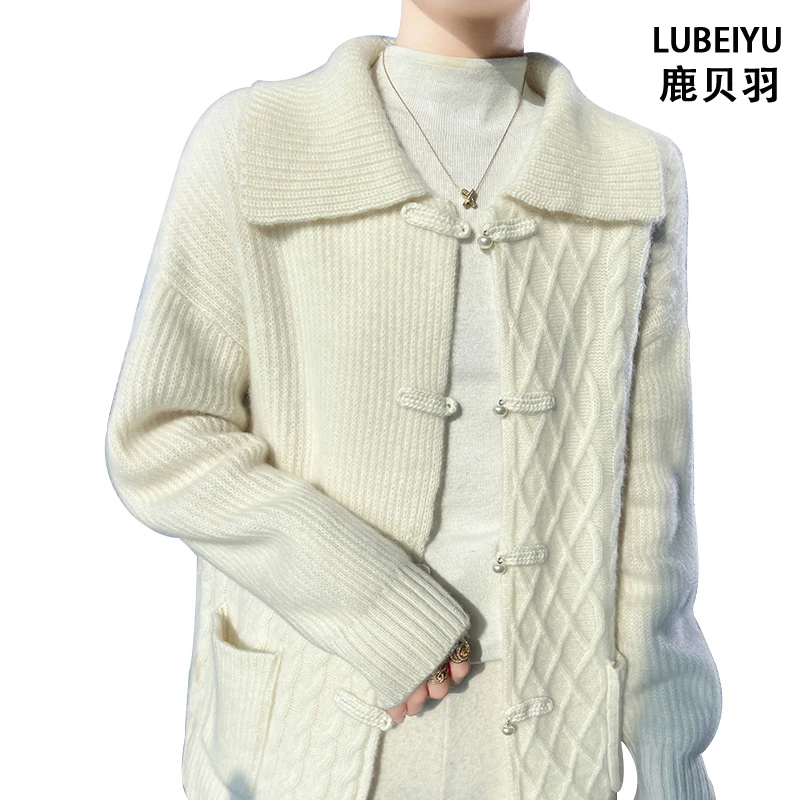 鹿贝羽100%纯羊毛开衫女翻领国风新中式盘扣带兜宽松羊毛衫外套