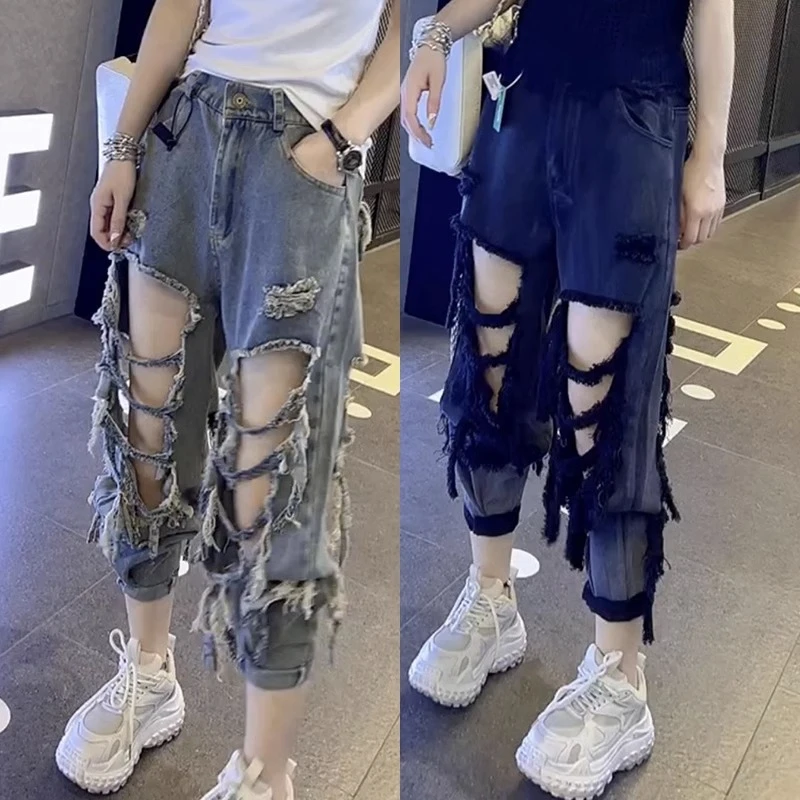 梨形身材微胖穿搭大码女装2025年夏季新款薄款破洞牛仔哈伦裤子女