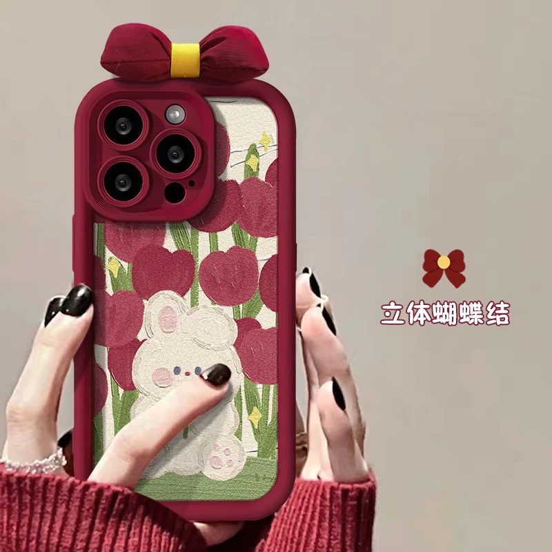 郁金香兔子天眼皮纹苹果15手机壳iPhone15promax女款可爱保护壳