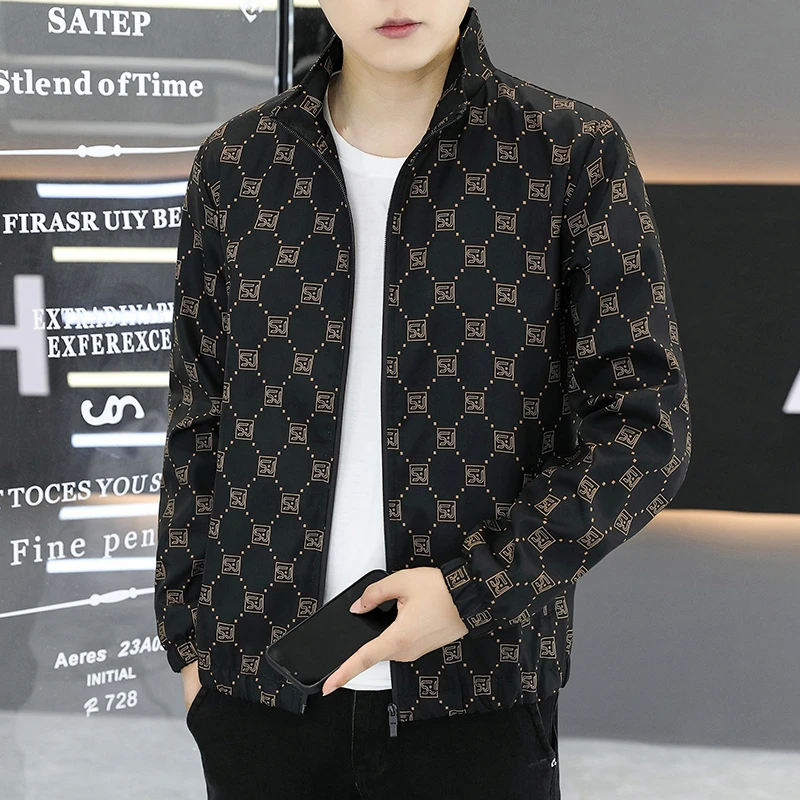 立领欧版休闲男外套男士中厚夹克时尚潮流修身印花轻奢立领男装潮