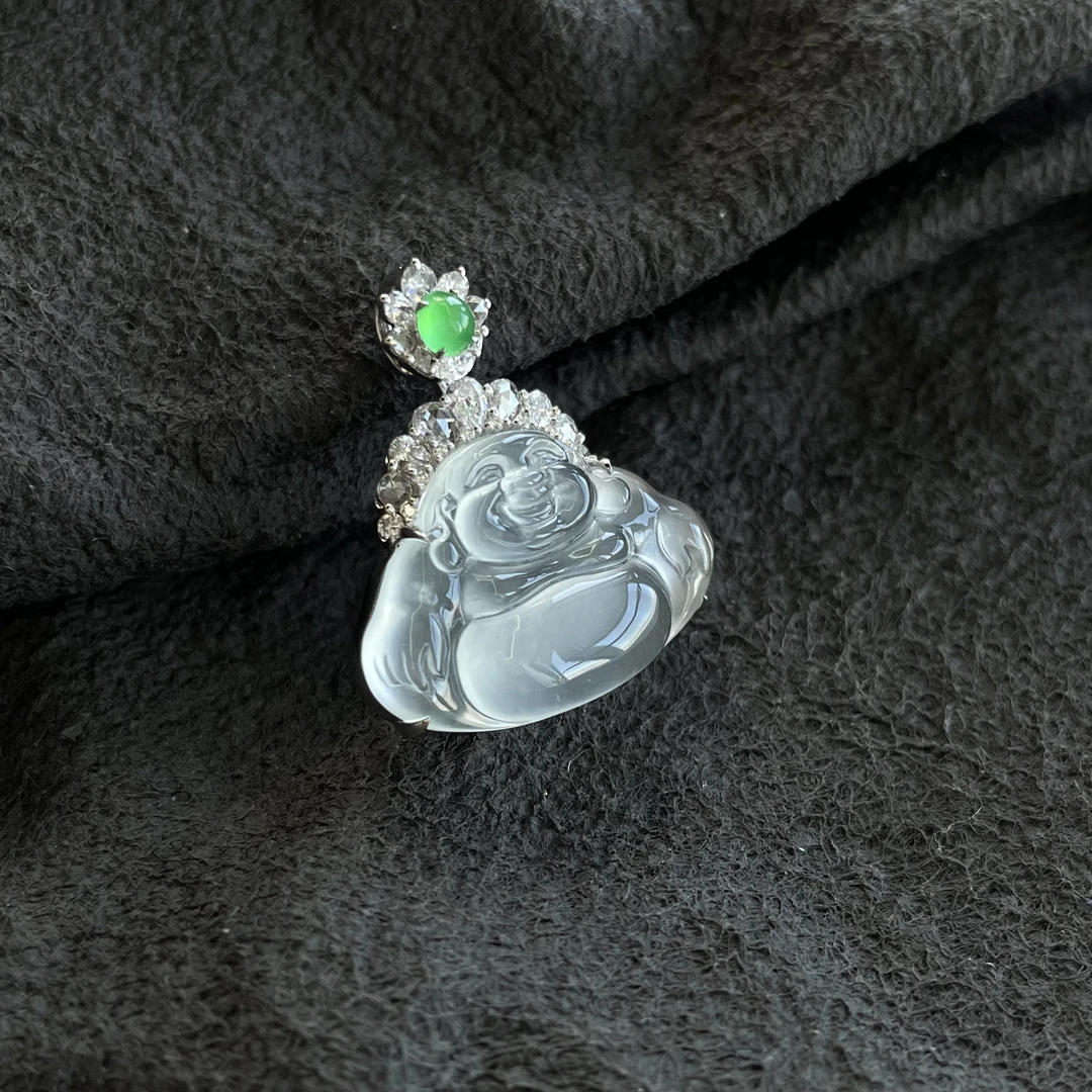 缅甸翡翠简镶冰种佛公挂坠佛光款镶嵌白底冰透二代舒佛佛公吊坠