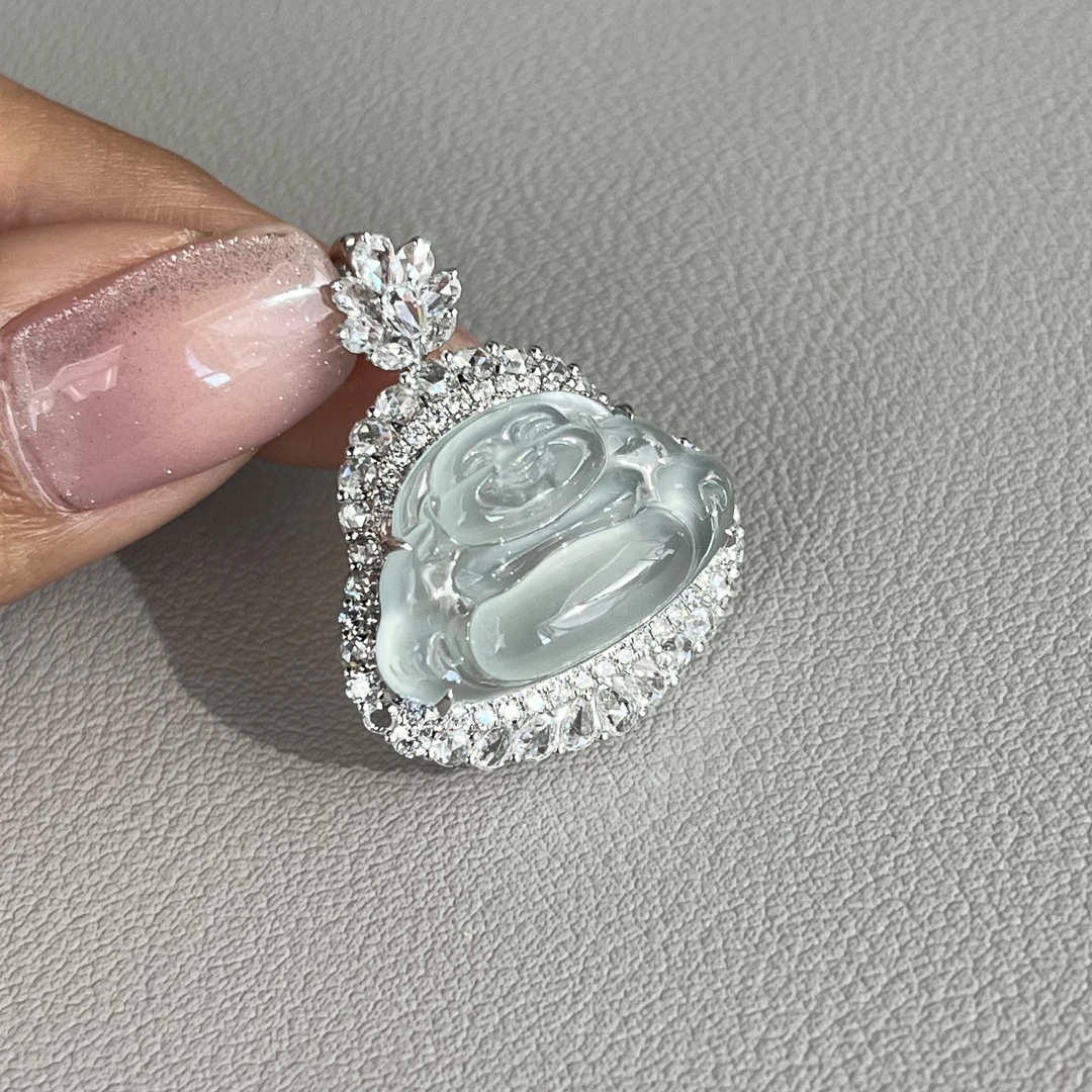 缅甸翡翠精镶佛公挂坠二代舒佛晴蓝底周正饱满大气佛公吊坠