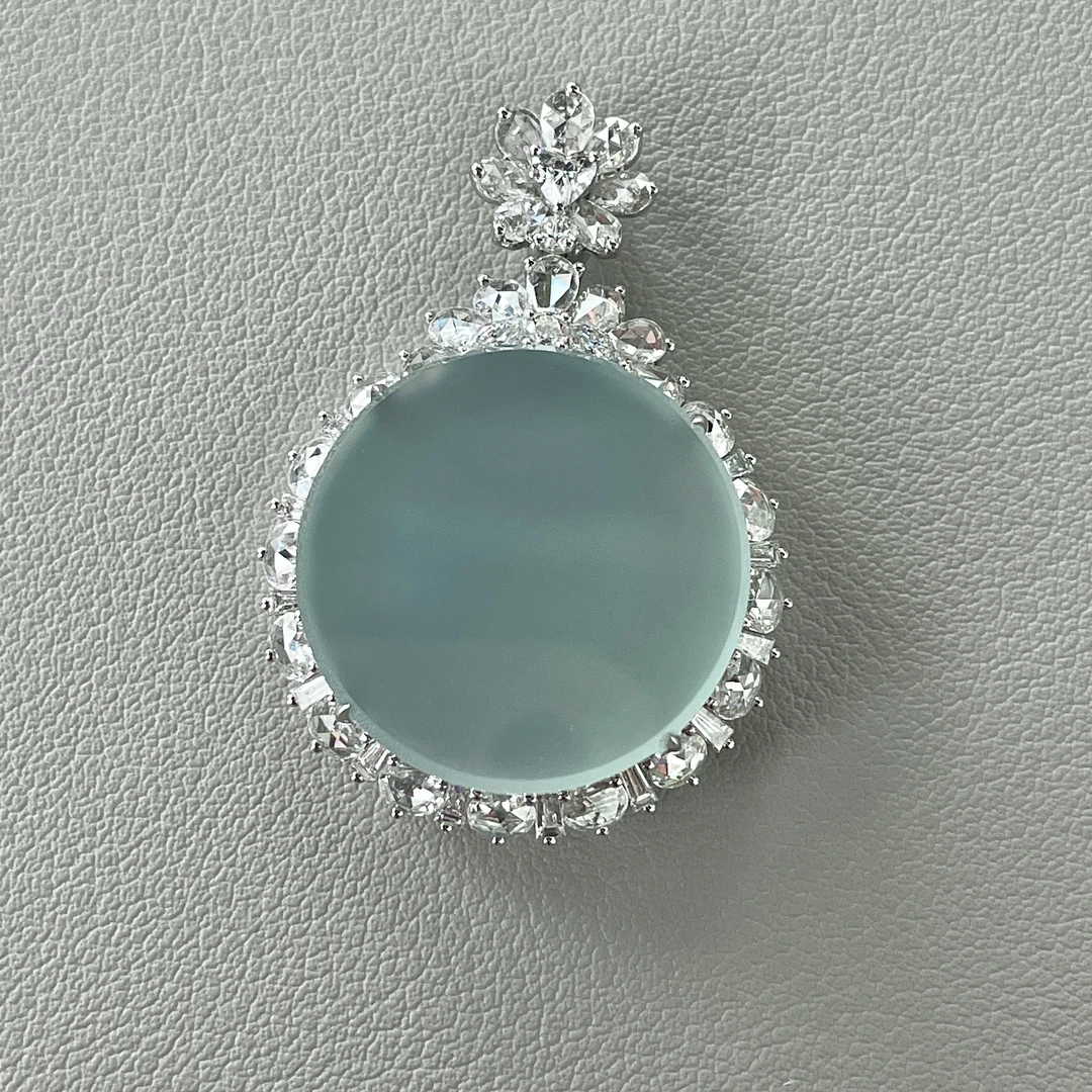 缅甸翡翠精镶平安无事牌圆牌冰蓝底高级大气大女王气质挂坠