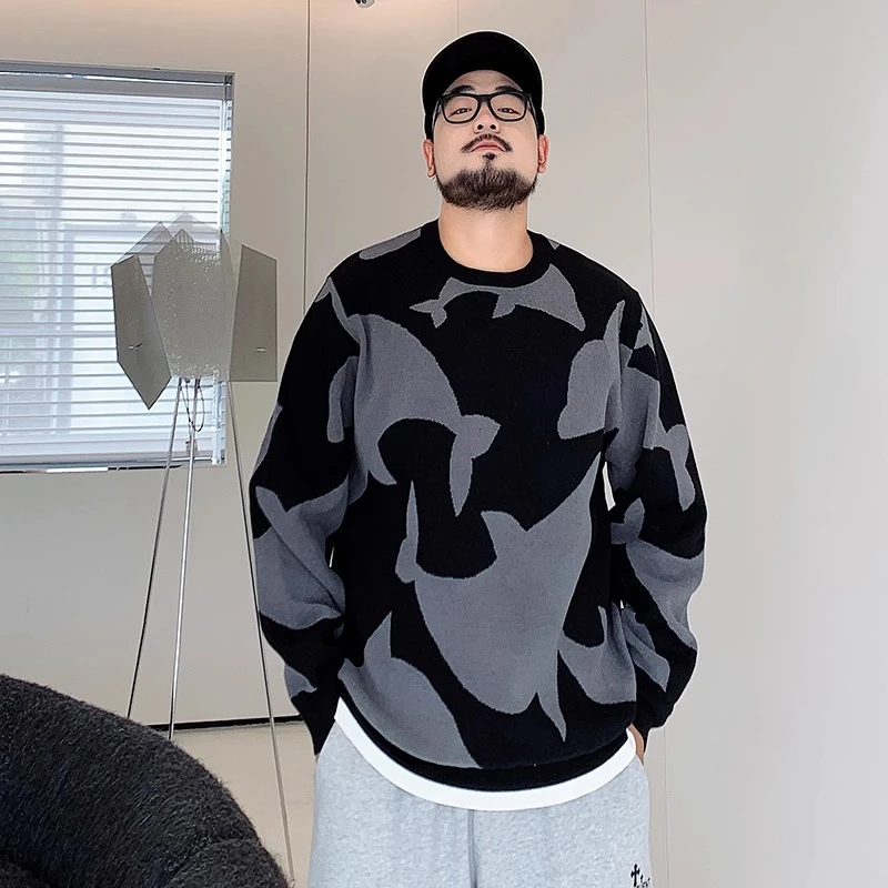 潮牌大码男装秋冬新款胖子加肥加大宽松圆领套头提花毛衣针织衫男