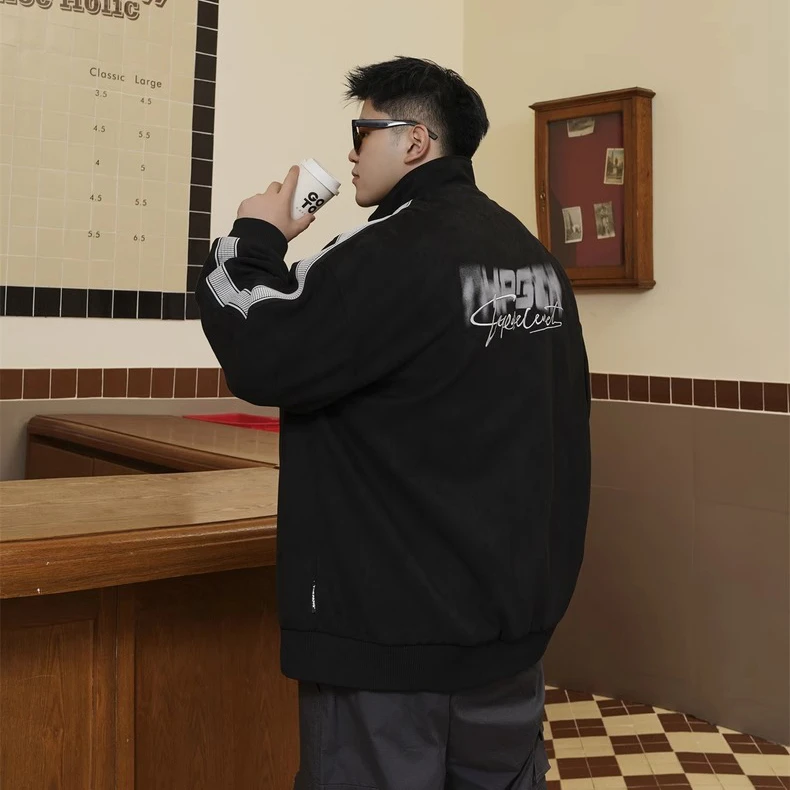 潮牌大码男装秋季新款仿麂皮外套男胖子宽松休闲加肥加大夹克百搭