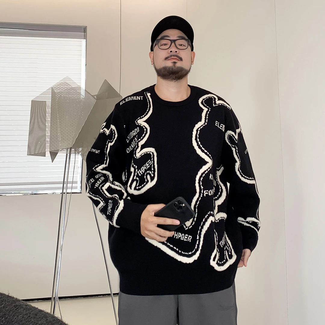 大码300斤男装胖子加肥加大宽松圆领卡通针织毛衣秋季肥佬冬外套