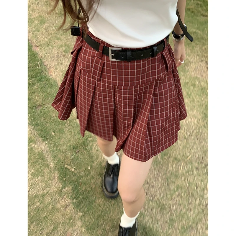 自制学院风美式格纹百褶半身裙女2024夏季新款红色格子短裙小个子