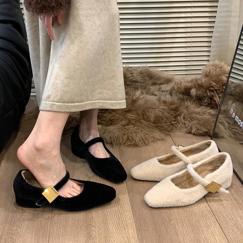 【真皮材质】法式方头粗跟浅口玛丽珍毛毛单鞋秋冬温柔加绒棉鞋G603