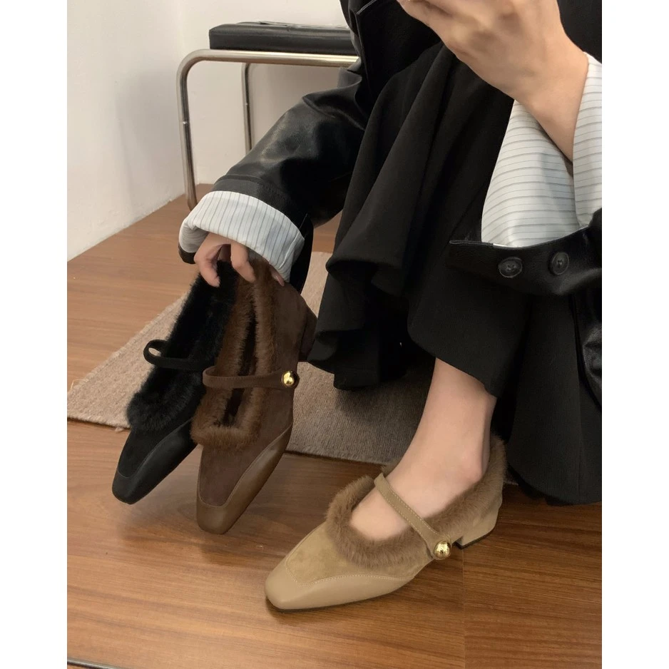 【真皮材质】小香玛丽珍毛毛鞋秋冬加绒棉鞋法式粗跟浅口单鞋女G386