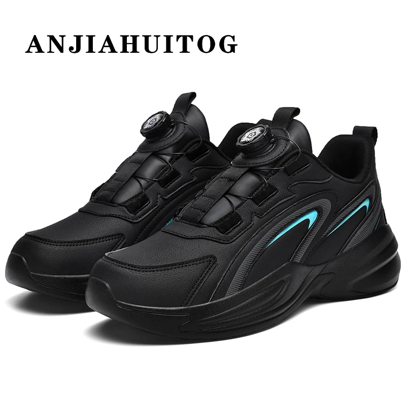 ANJIAHUITOG 皮面运动鞋旋钮扣跑步男鞋防滑45464748加大码休闲鞋