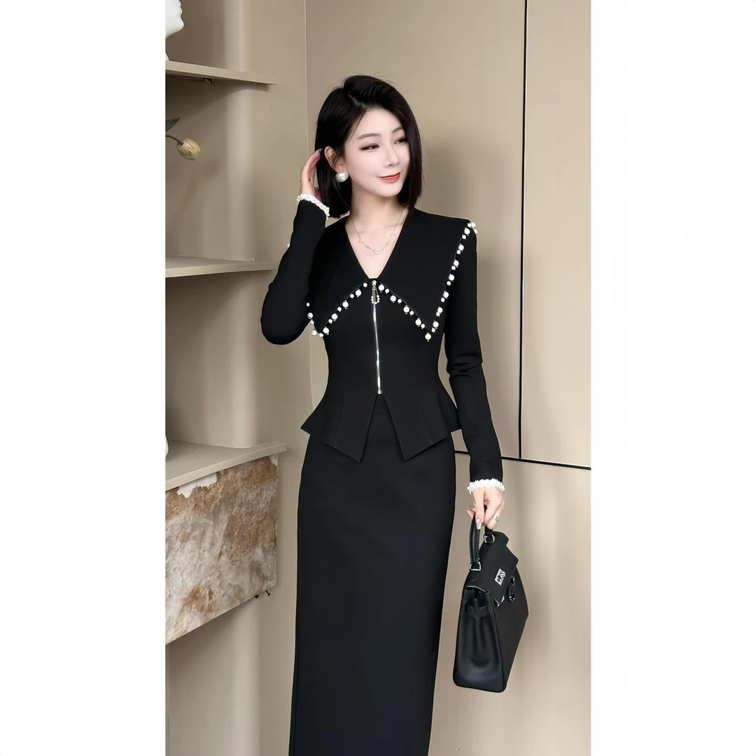 2024新款套翻领V领钉珠气质时尚法式显瘦轻奢两件套女装9266