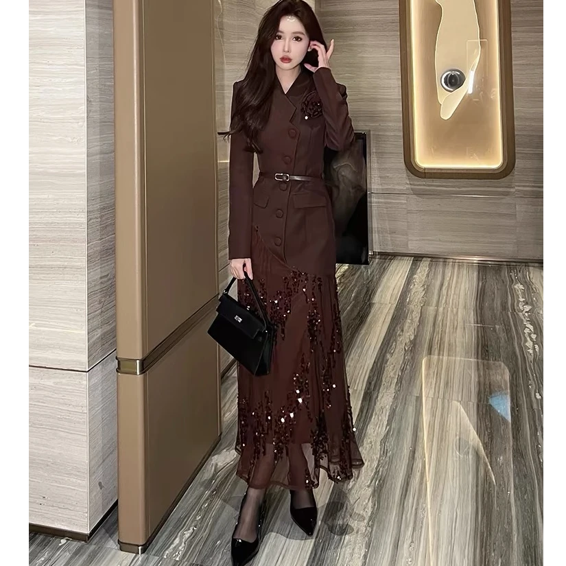 【送腰带+送胸花】 西装连衣裙女2024秋冬款显瘦裙子网纱长裙9267