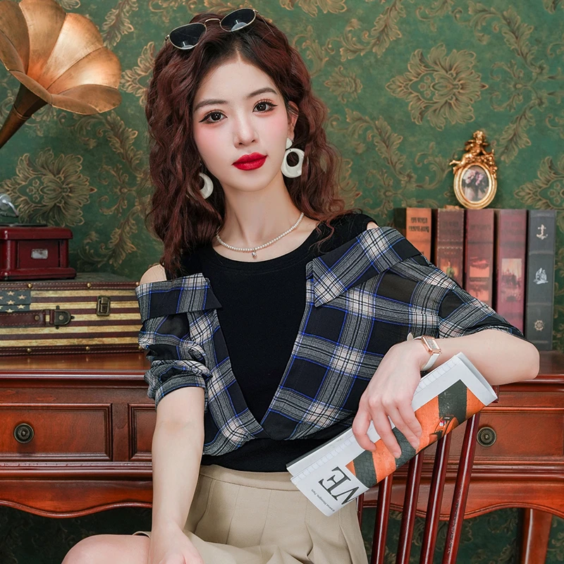 2024新款假两件上衣春秋显瘦长袖时尚宽松气质百搭拼接国风短袖
