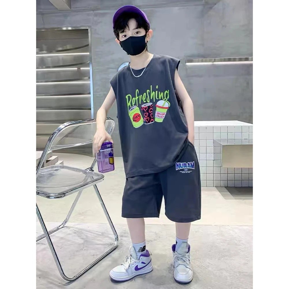 儿童装男童夏装背心套装2024新款中大童夏季男孩夏款无袖运动帅气