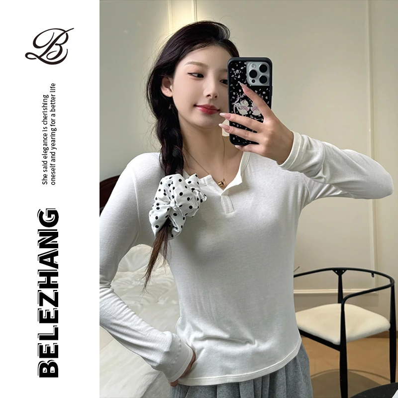 BLZ 秋上新领口小V纯色简约运动长袖T恤透气轻薄百搭罩衫女士上衣