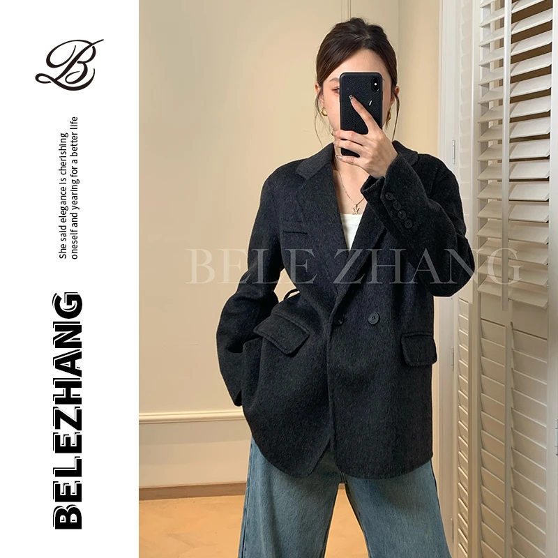 BLZ 秋冬新款高级感系带显瘦双面羊毛大衣中长款西装领毛呢外套女