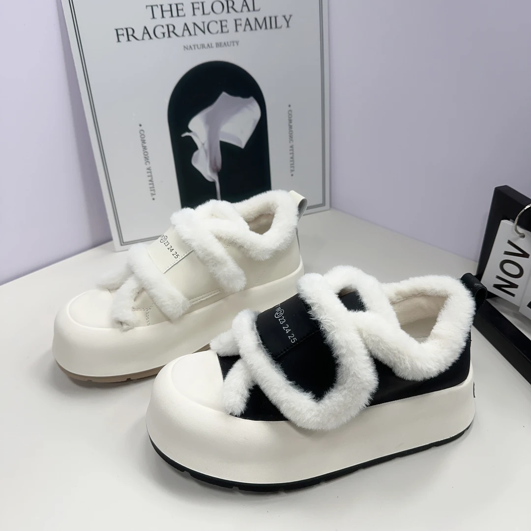 [老胡专属]面包鞋厚底加绒棉鞋魔术贴小白鞋毛毛鞋女鞋5180