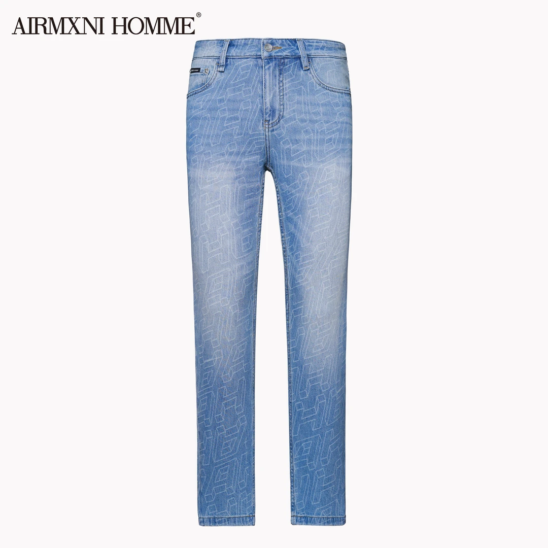 AIRMXNIHOMME春夏蓝色时尚镭射休闲小直筒水洗简约男士男款牛仔裤