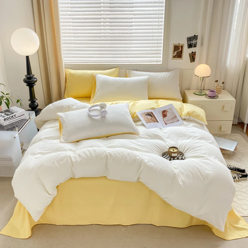 ins超柔A类奶油风纯色双拼裸睡水洗棉床单被套三件