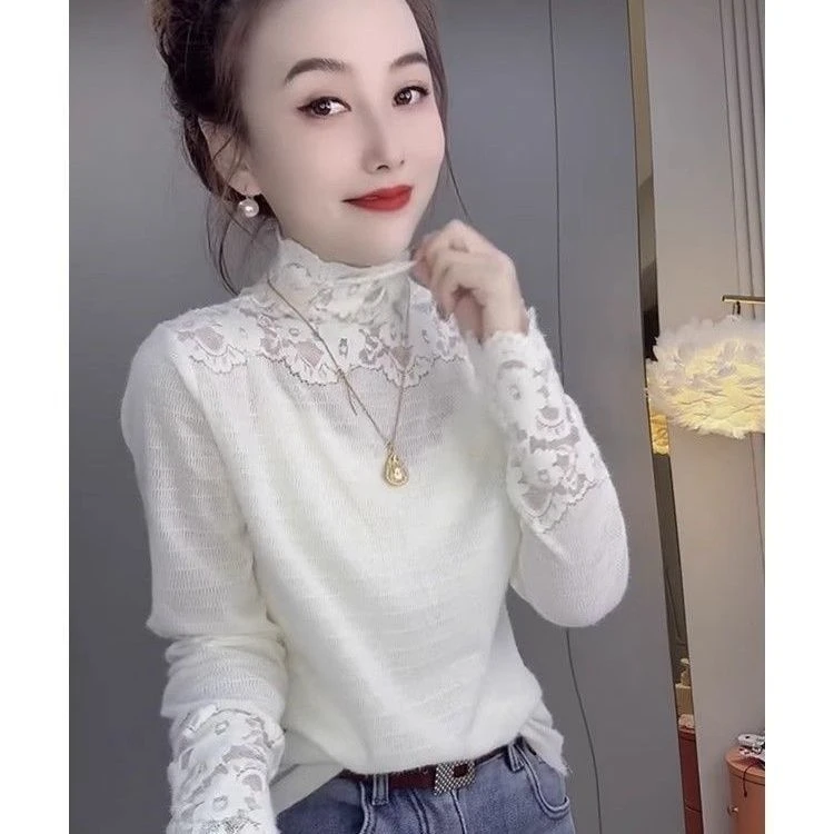 冬季2025新款拼接蕾丝设计感长袖T恤女装小众修身显瘦打底衫上衣