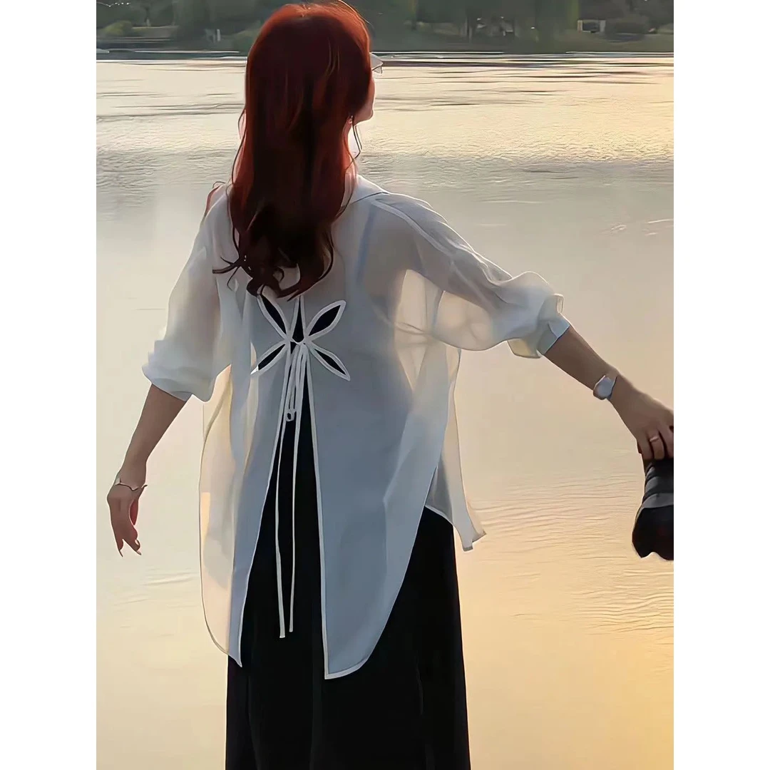 设计感小众不规则开叉镂空衬衫女夏季薄款透视防晒衣宽松百搭上衣