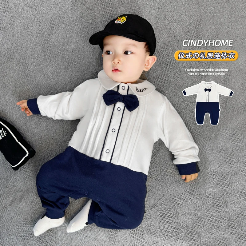 2025婴儿新生儿宝宝满月百日宴周岁洋气小绅士连体衣婴儿衣服哈衣
