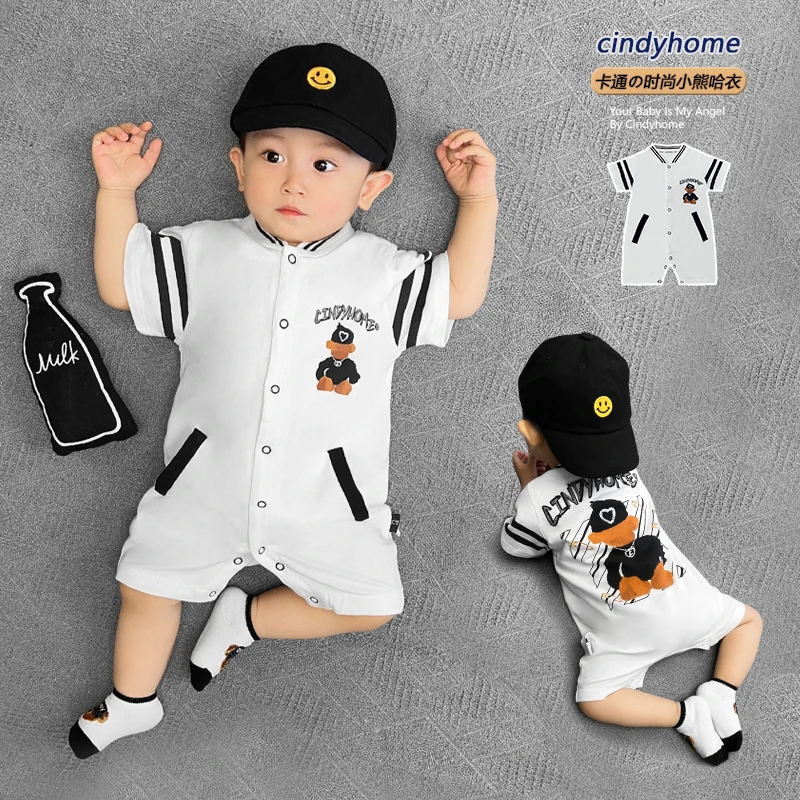 夏季薄款短袖婴儿夏装宝宝帅气卡通小熊时尚哈衣爬服连体衣