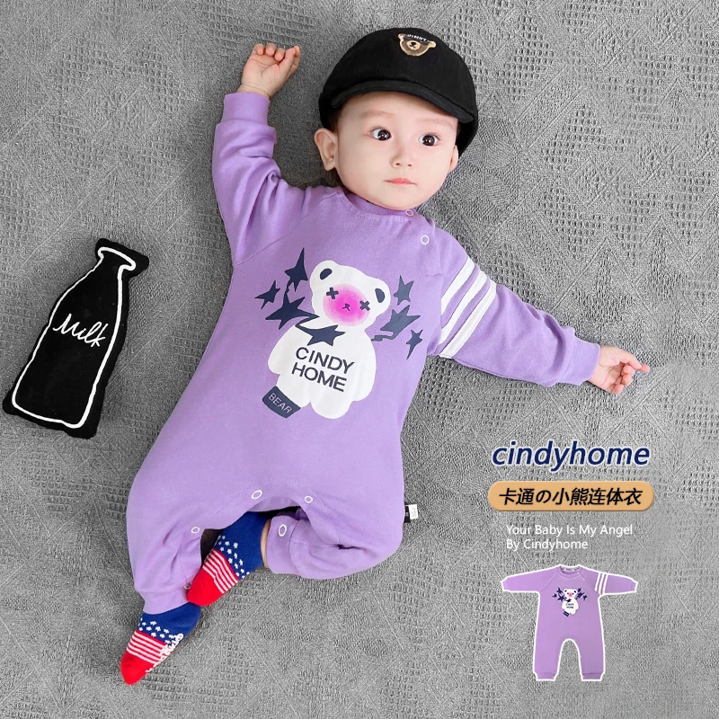 婴幼儿洋气紫色卡通小熊连体衣