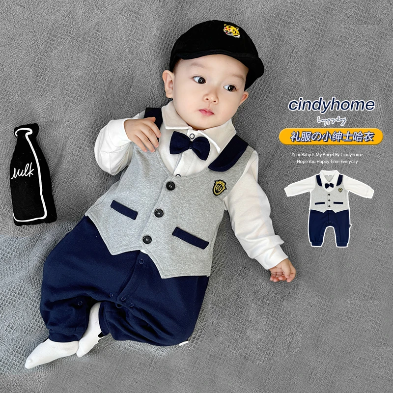 婴儿新生儿宝宝春秋网红洋气小绅士满月百日宴周岁连体衣哈衣爬服