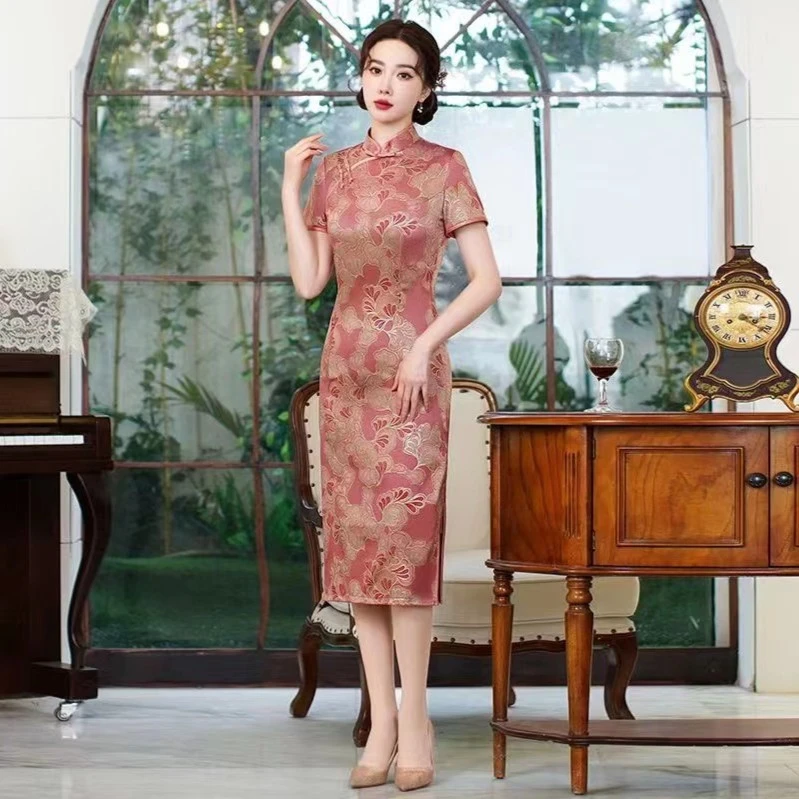 【三生有杏】2024夏新银杏烫金气质妈妈装改良款复古显瘦大码旗袍