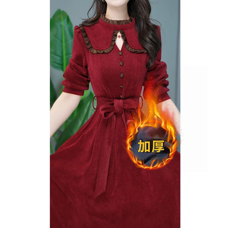 YS-23B120    显瘦时尚洋气收腰复古加厚修身秋冬连衣裙