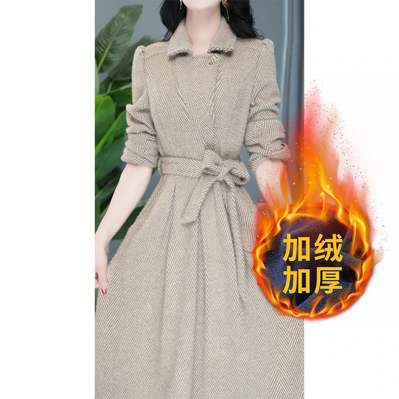 气质修身复古收腰长袖显瘦洋气时尚名媛中长款连衣裙