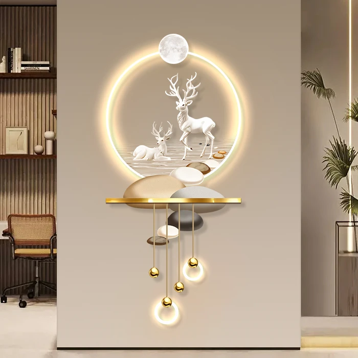 轻奢玄关装饰画发光走廊尽头led奶油风壁画寓意好的麋鹿挂画