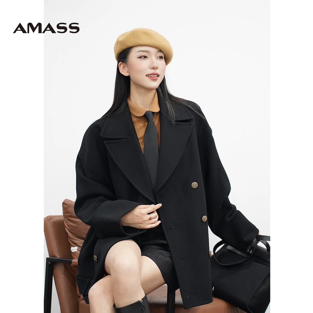 AMASS/阿玛施冬季新款双排扣纯色中长款爆款呢大衣5400821