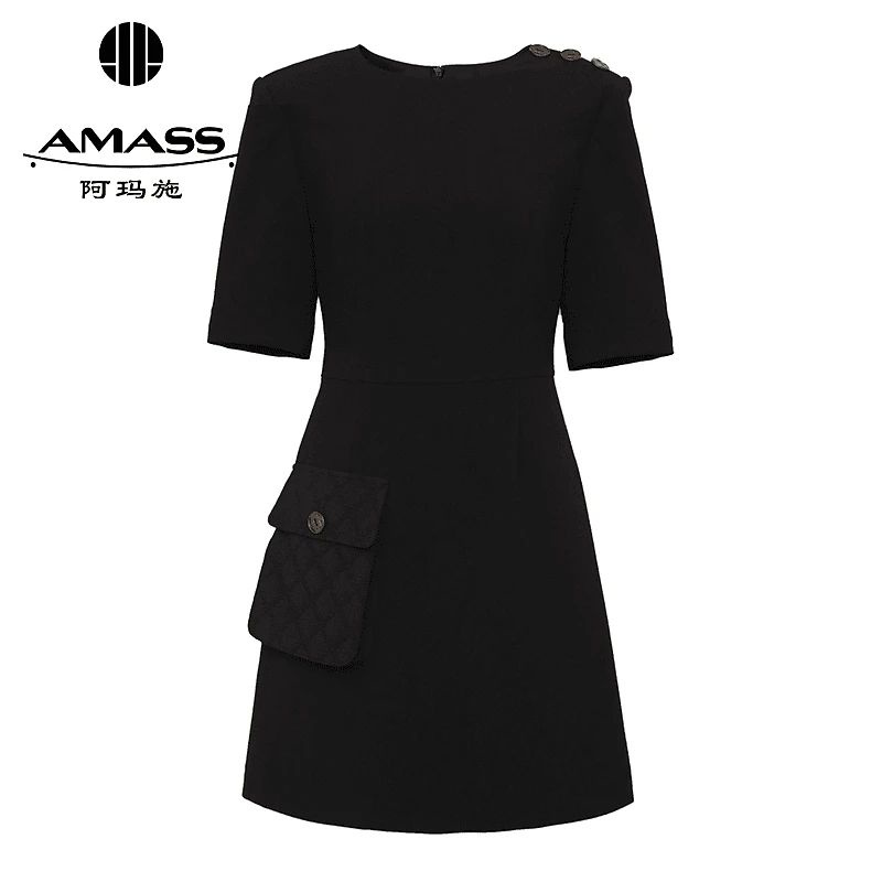 AMASS/阿玛施夏秋新款口袋拼接设计收腰小黑连衣裙5500574雅丹风