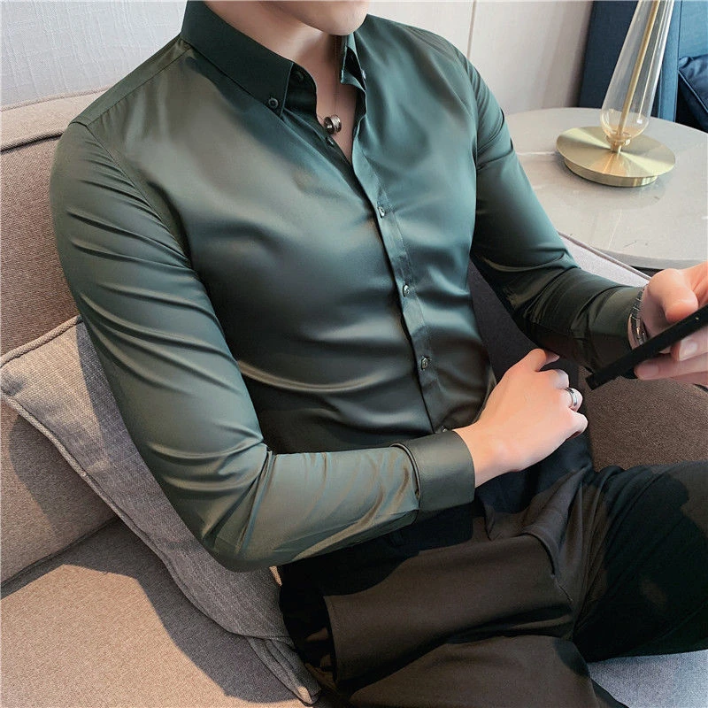 男士长袖衬衫纯色韩版修身潮流帅气休闲商务正装高端衬衣男百搭