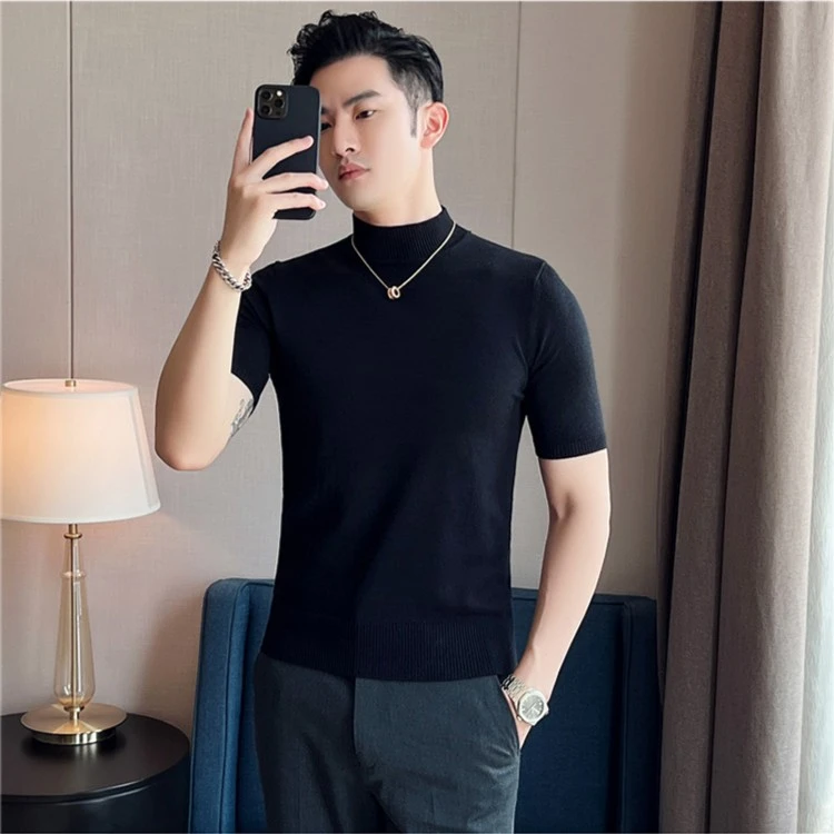 男士毛衣半高领春秋内搭短袖针织衫男紧身中袖线衣修身打底衫潮牌