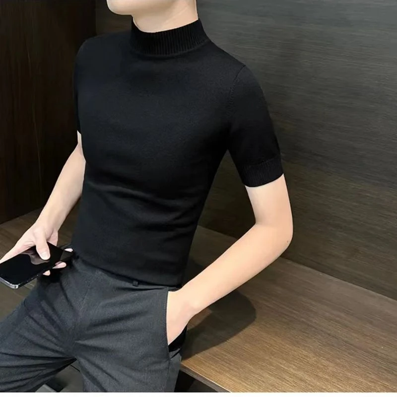 2024潮款男款短袖t恤男士秋装新款上衣修身半高领中领针织打底衫
