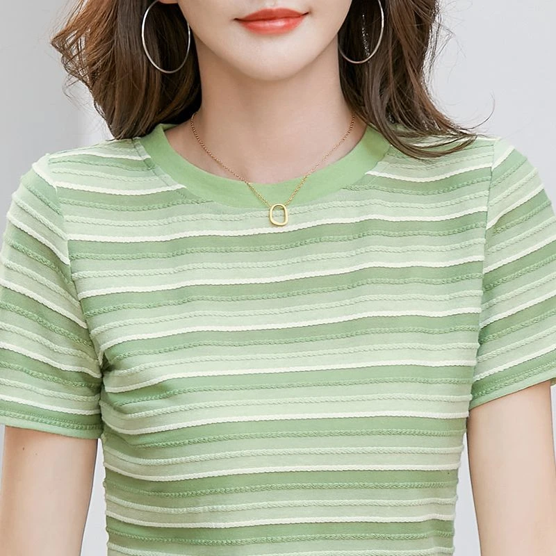 条纹圆领短袖t恤女高档提花软糯亲肤小众修身显瘦洋气打底衫上衣