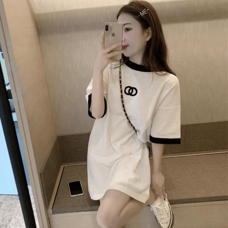 网红短袖中长款t恤女2024夏季新款韩版小个子宽松显瘦白色连衣裙