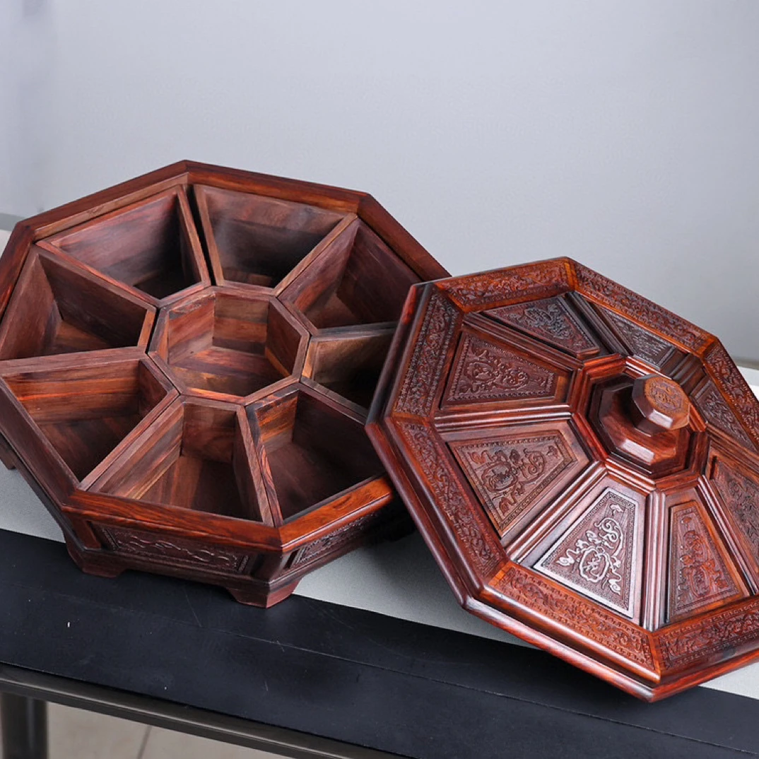 老挝大红酸枝交趾黄檀雕花九格水果盘干果盒