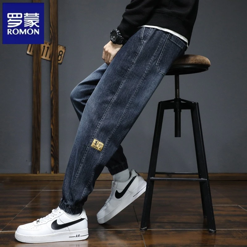 罗蒙牛仔裤男士2025秋冬潮流弹力束脚男裤时尚百搭宽松休闲长裤子